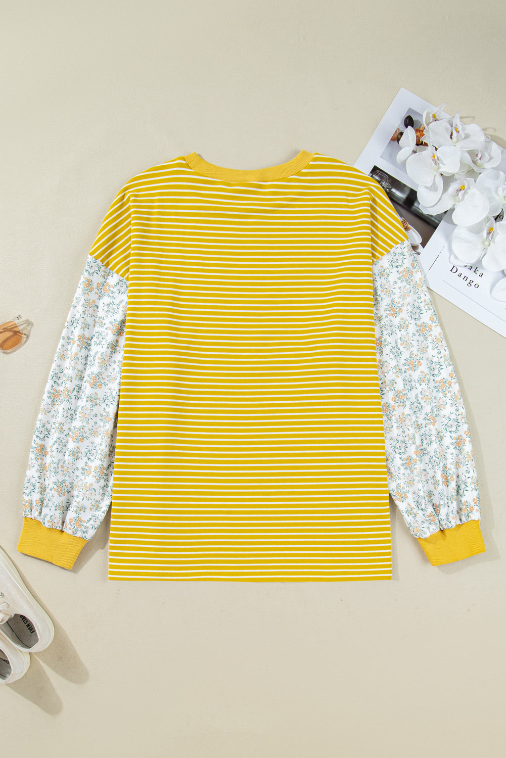 Yellow Stripe Floral Patchwork Long Sleeve Crewneck Top