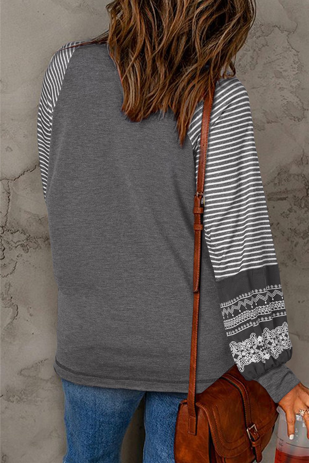 Tillandsia Purple Contrast Print Striped Raglan Long Sleeve Loose Top