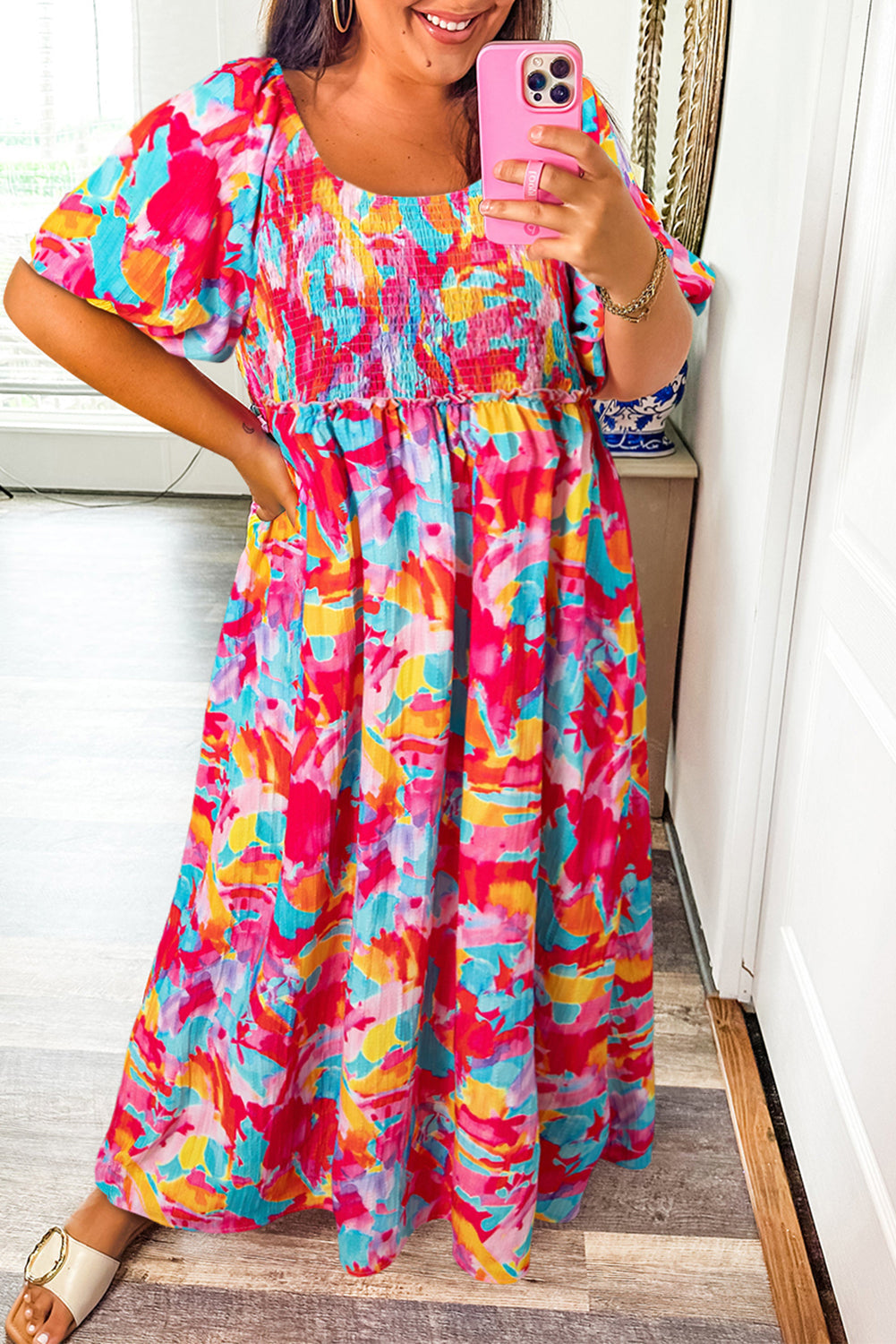 Rose Abstract Printed Puff Sleeve Square Neck Smocked Dress