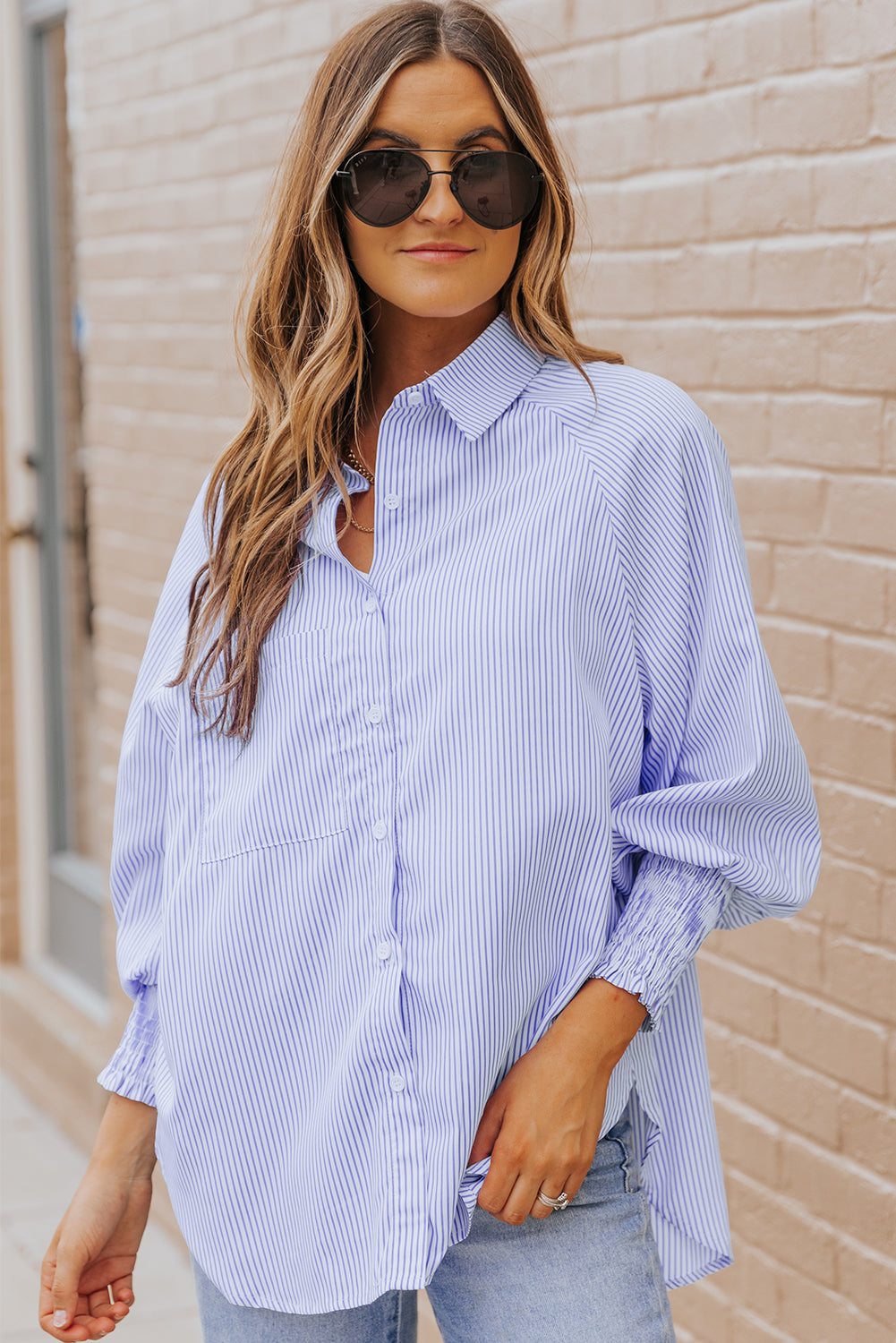 Blue Striped Casual Shirt with Shirred Cuffs | Polyester