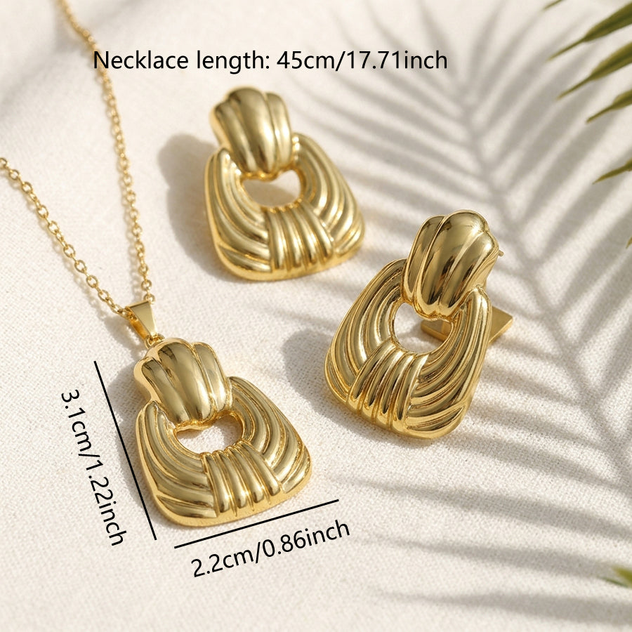 Gold Tone Stainless Steel Ribbed Textured Hollow Square Jewelry Set 2Pcs Women Pendant Necklace Drop Earrings Retro Geometric Statement Metal Jewelry Dropshipping Gift