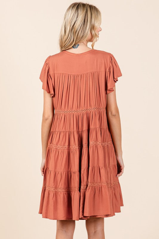 Lace Detail Ruffled Tiered Button Down Dress in Rust