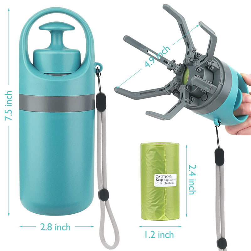 Portable Eight-Claw Dog Pooper Scooper with Bag Dispenser - Teal/Grey