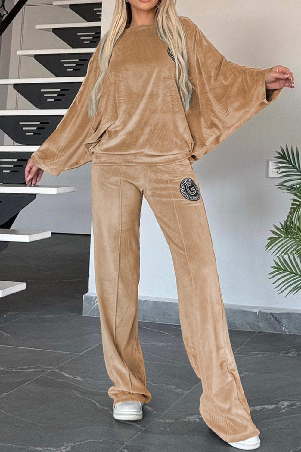 Boat Neck Velvet Loungewear Set | Long Sleeve Top & Pants