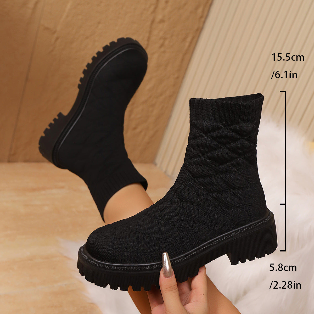 Sporty Sock Ankle Boots with Height-Increasing Square Heel