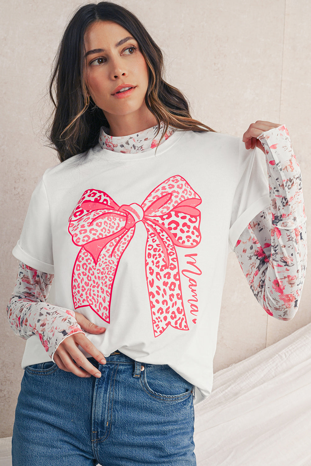 White Leopard Bowknot Graphic Crew Neck Tee | Soft Cotton Blend