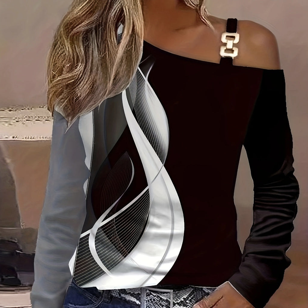 Women’s Asymmetrical Abstract Print Top with Shoulder Buckle - Image 4