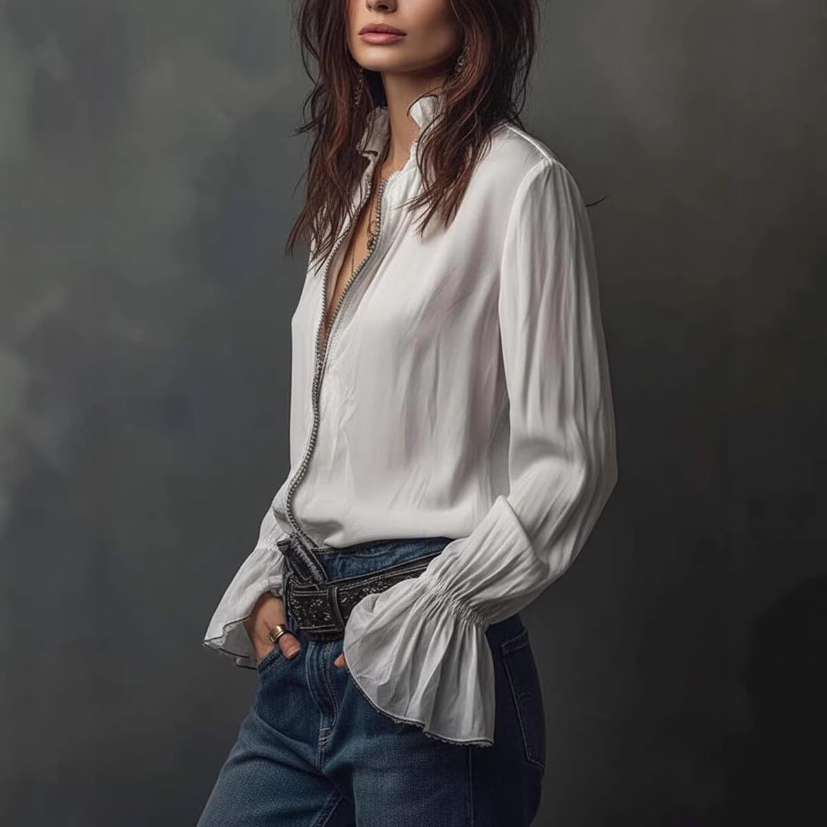 White Ruffled Long Sleeve Resort Blouse with Zipper Detail
