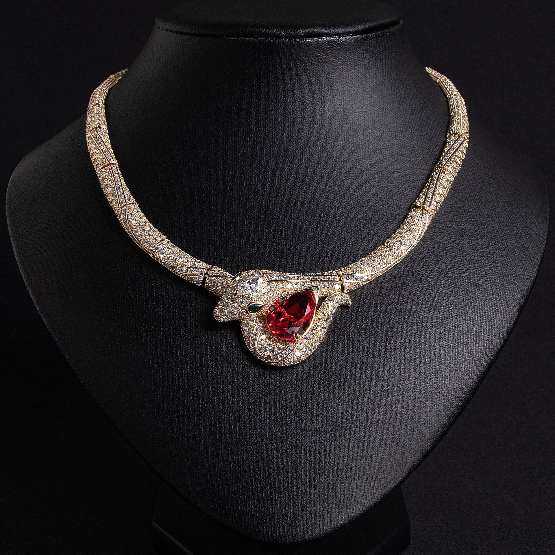 18K Gold Snake and Bamboo Knot Zirconia Statement Necklace