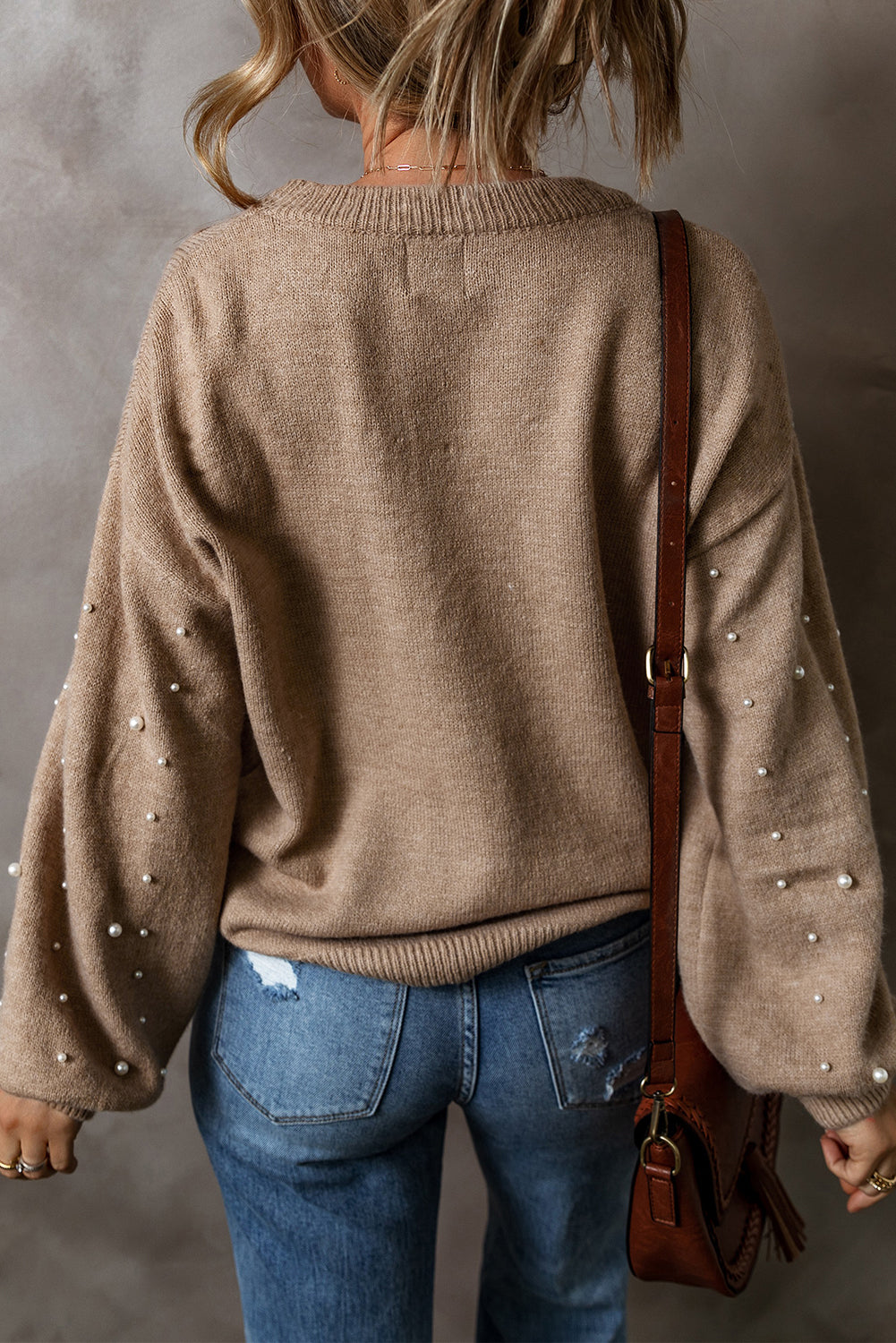 Solid Pearl Drop Shoulder Round Neck Sweater