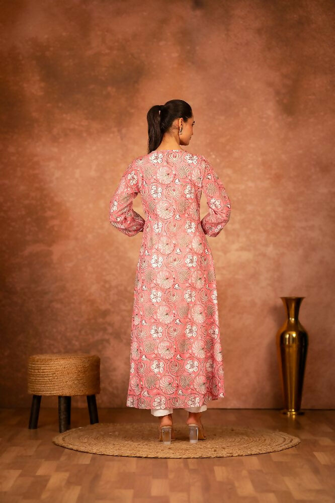 Pink Floral Hand Block Printed Cotton Kurta and Pant Set