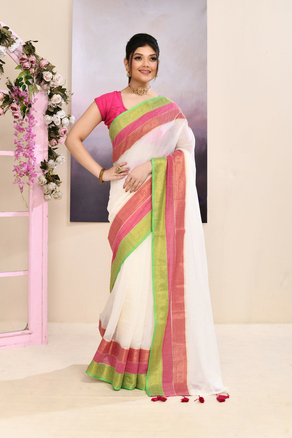 Piyari Fashion off white cotton saree with ornate zari border