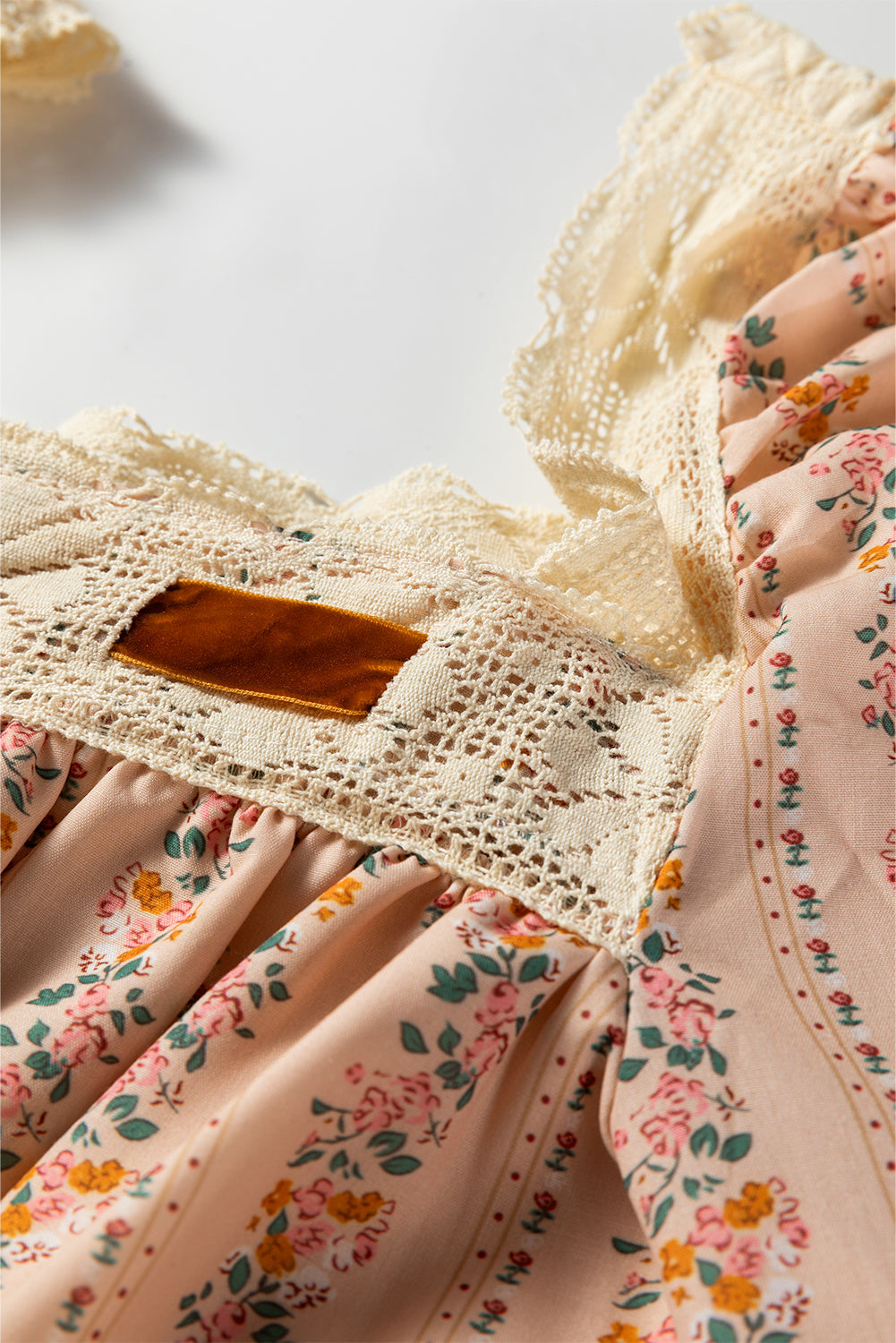 Khaki Floral Lace Velvet Bow Mini Dress | Long Sleeve Loose Fit