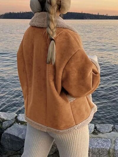 Women’s Fuzzy Collared Long Sleeve Jacket with Button Closure