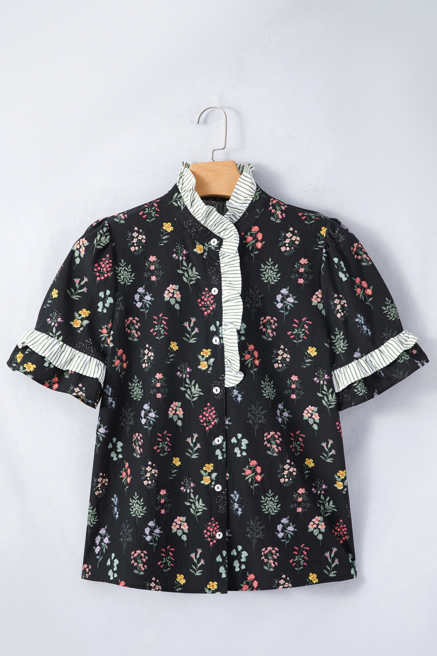 Floral Contrast Frill Trim Short Sleeve Shirt