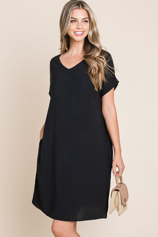 V-Neck Short Sleeve Casual Dress with Pockets