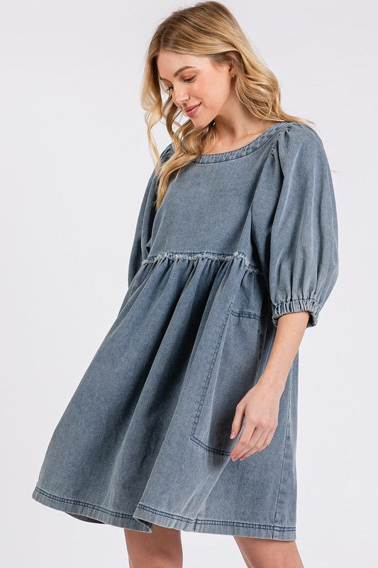 Washed Denim Dress with Puff Sleeves and Round Neck