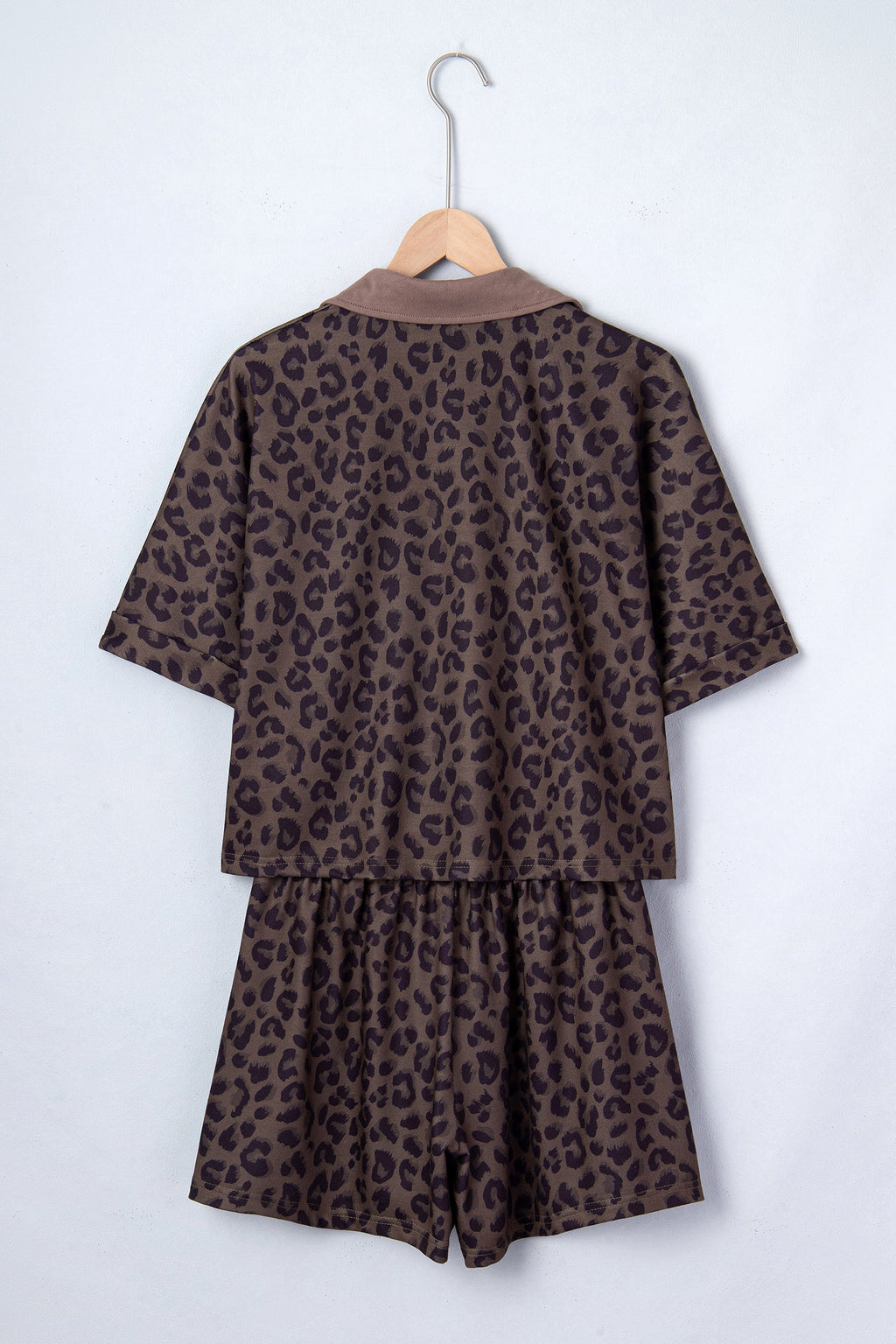 Leopard Print V-Neck Collared Top & Relaxed Shorts Set