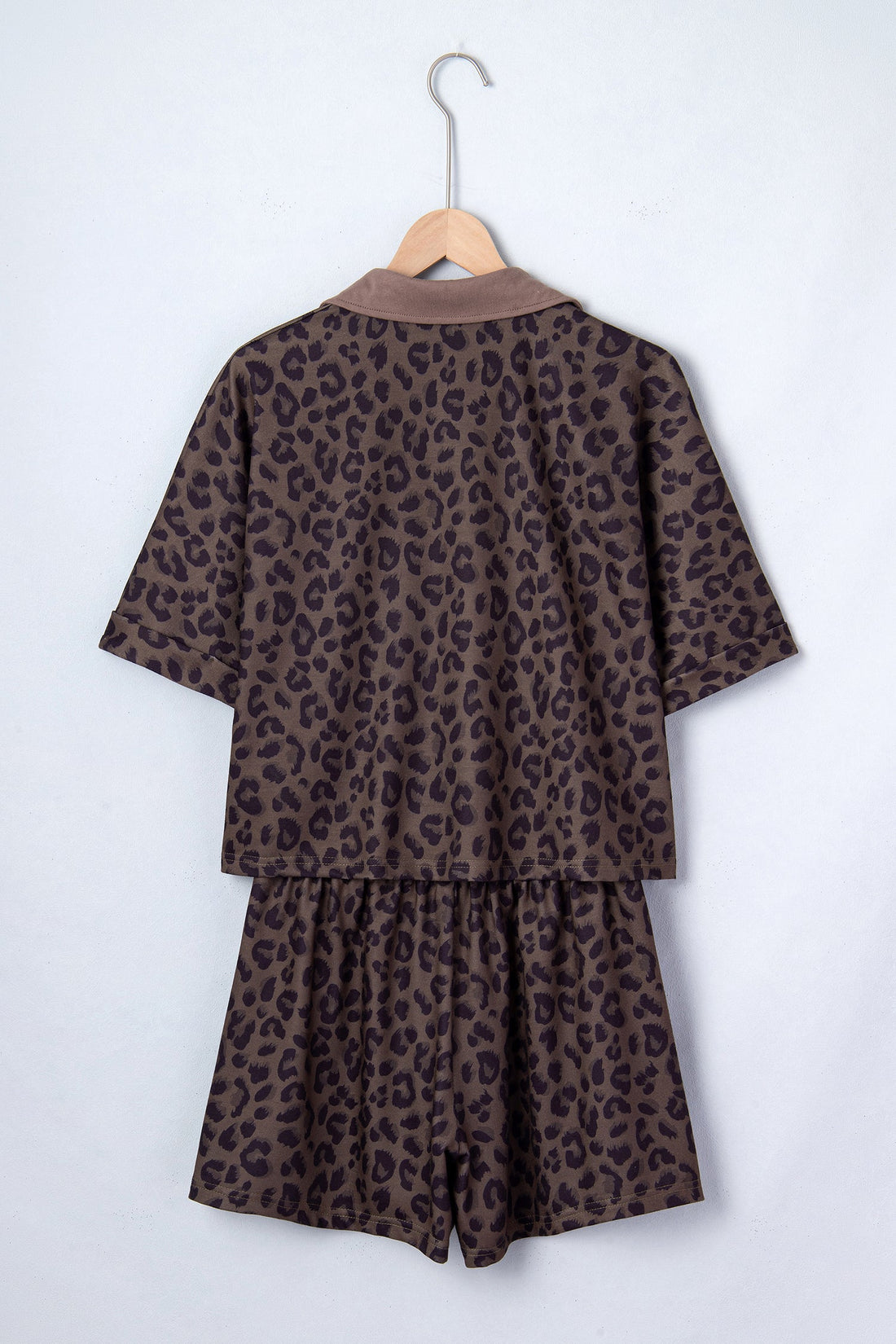 Leopard Print V-Neck Collared Top & Relaxed Shorts Set