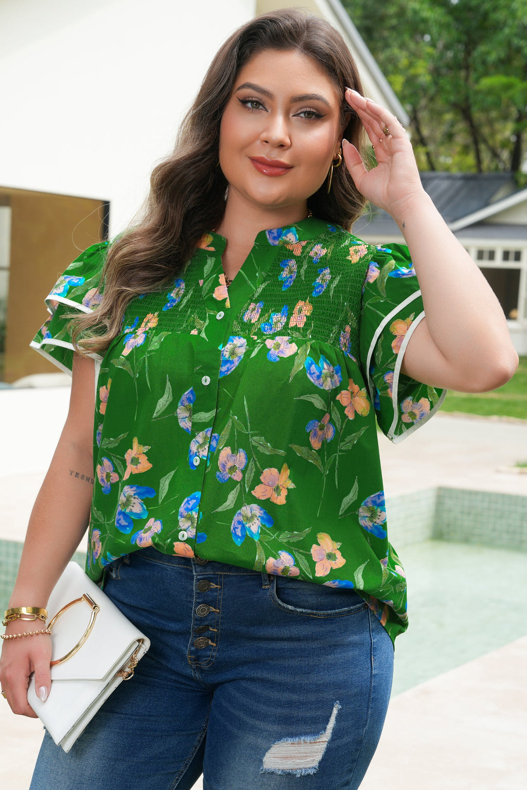 Keilani Short Sleeve Floral Button Down Blouse in Green Blue Orange