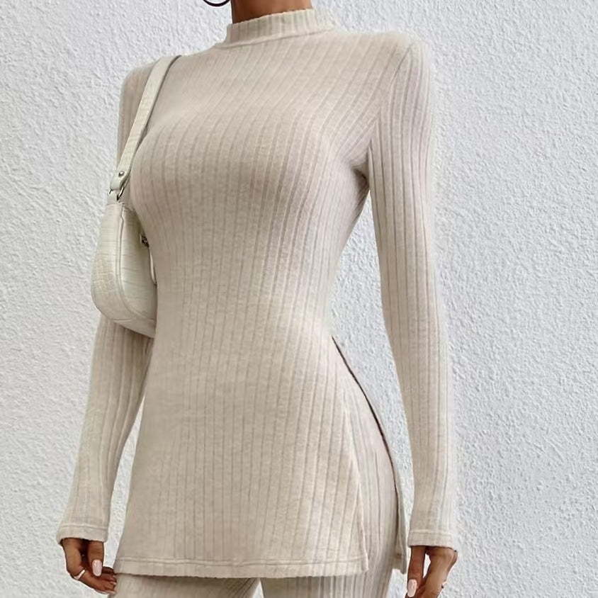 Women’s Ribbed Mock Neck Top and Wide Leg Pants Lounge Set