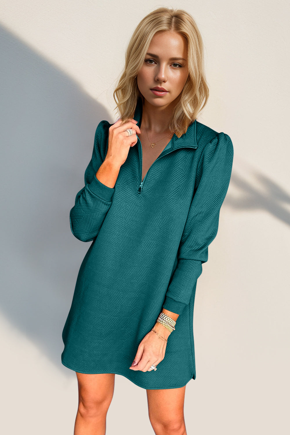 Textured Zip-Front Long Sleeve Dress - Elegant Women's Apparel