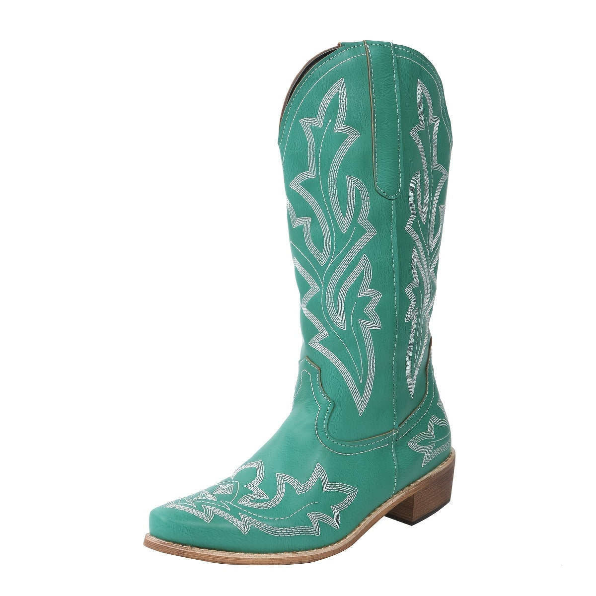 Women's Mid Calf Red Western Cowgirl Boots with White Embroidery - Image 6