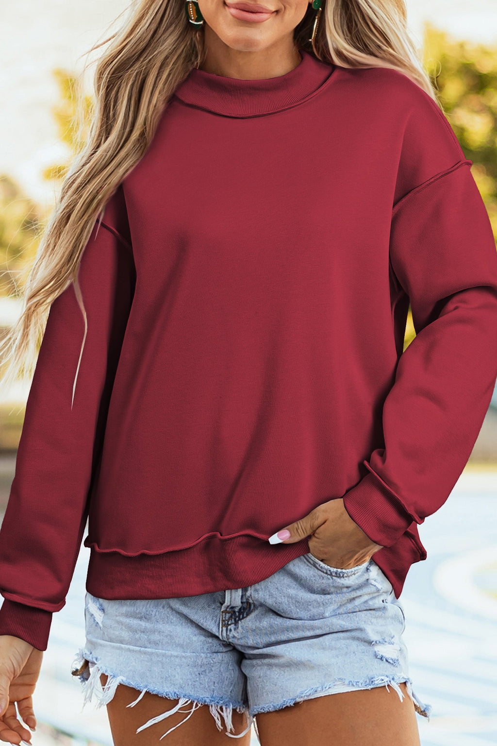 Bright Green Oversize Drop Shoulder Reversible Mock Neck Sweatshirt