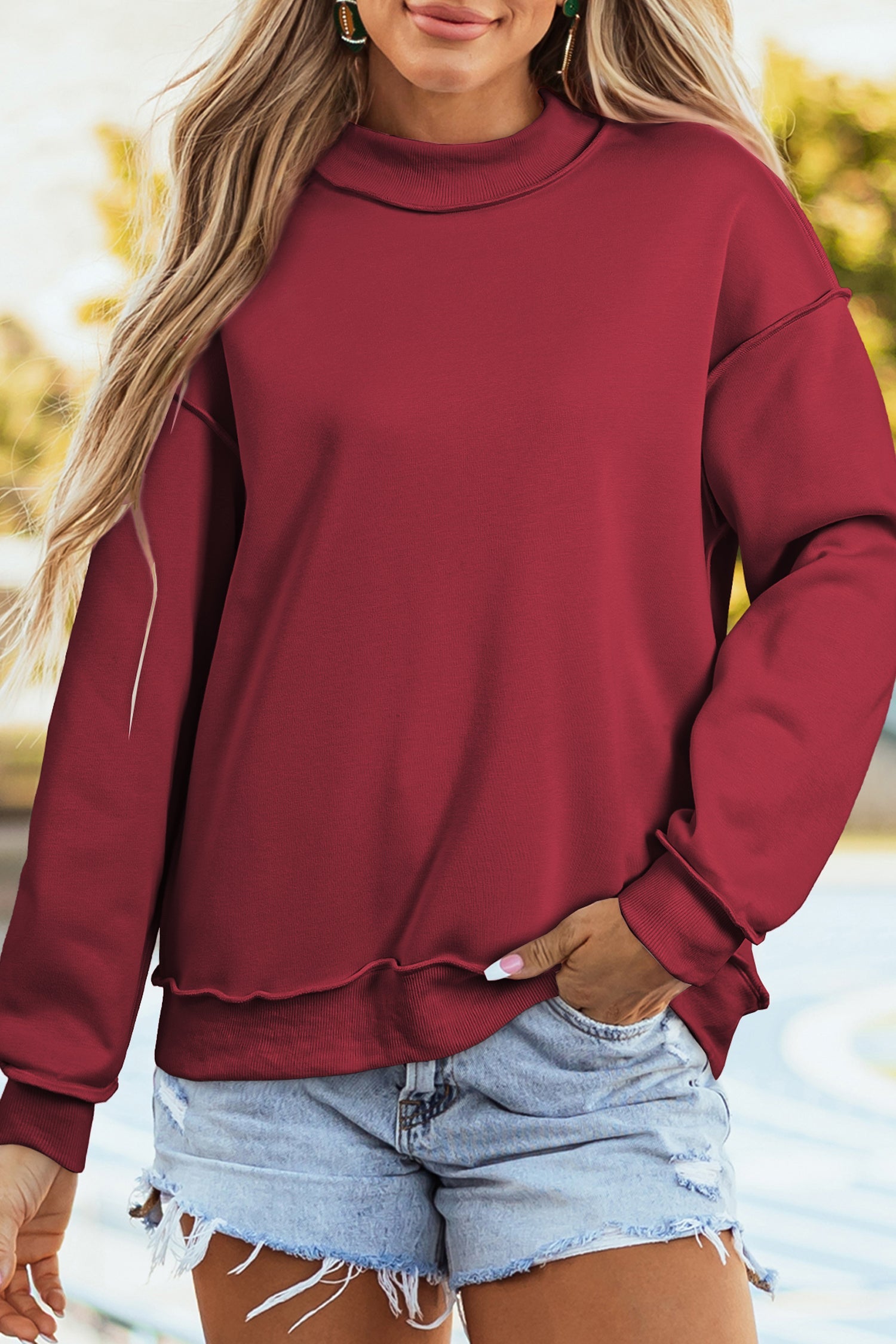 Bright Green Oversize Drop Shoulder Reversible Mock Neck Sweatshirt