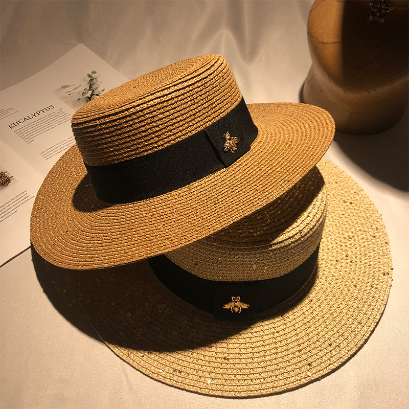 Retro Gold Woven Straw Hat – European & American Flat Top Adjustable Sun Hat