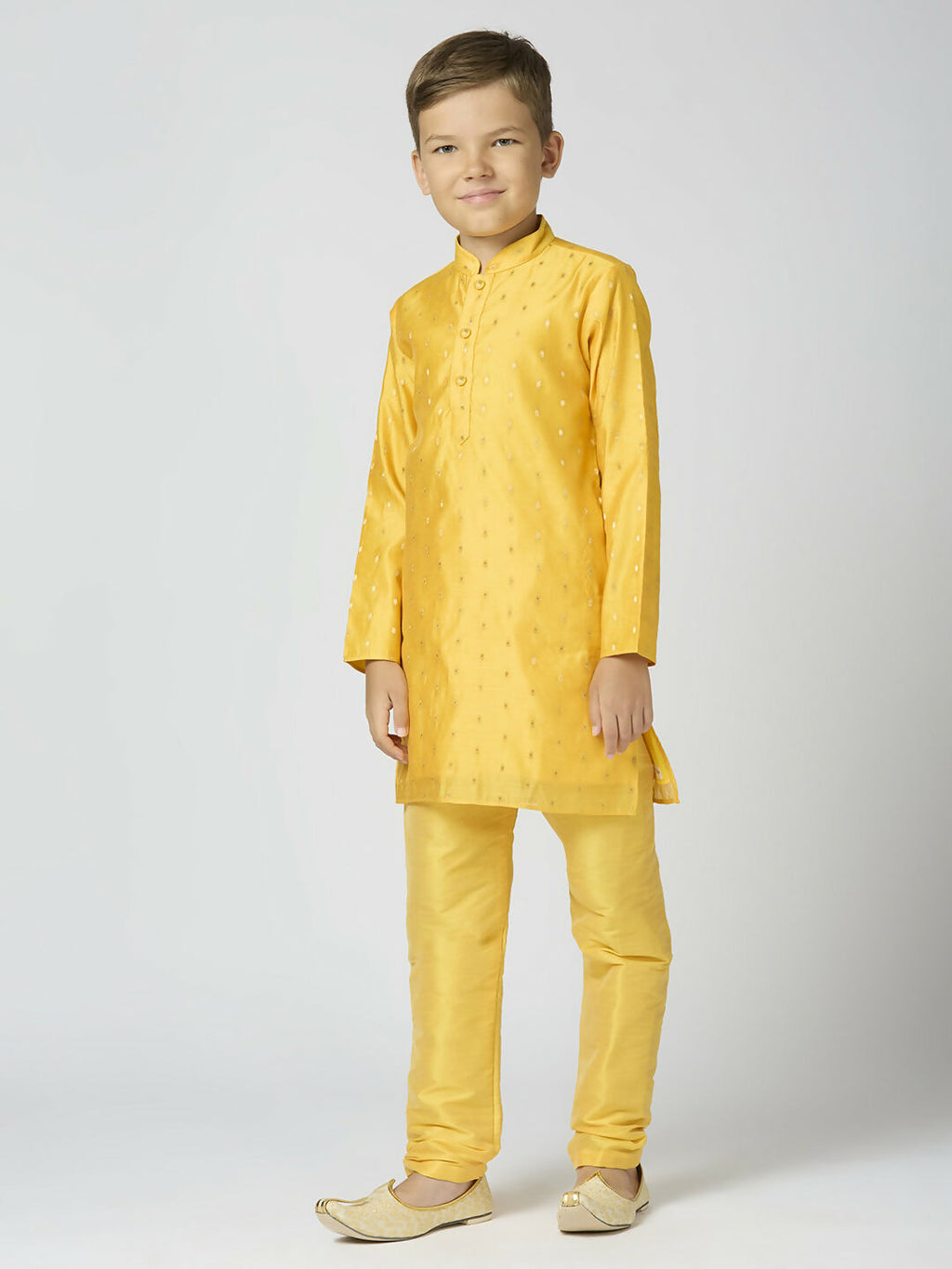 Boys Yellow Chanderi Kurta and Pyjama Set with Traditional Butta