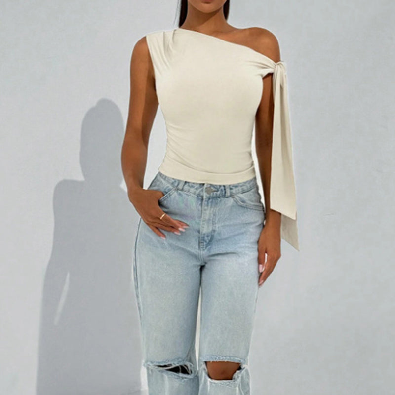 White One-Shoulder Asymmetrical Tie-Shoulder Going Out Party Top