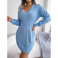 Women’s V-Neck Cable Knit Long Sleeve Bodycon Sweater Dress - Image 9