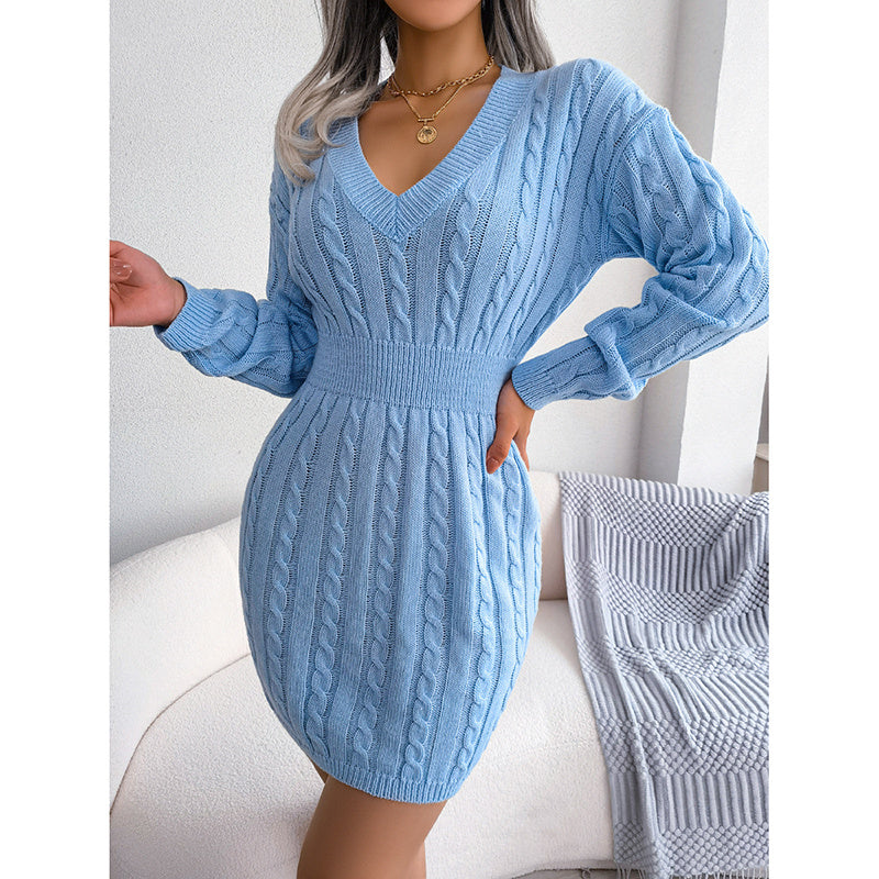 Women’s V-Neck Cable Knit Long Sleeve Bodycon Sweater Dress - Image 9