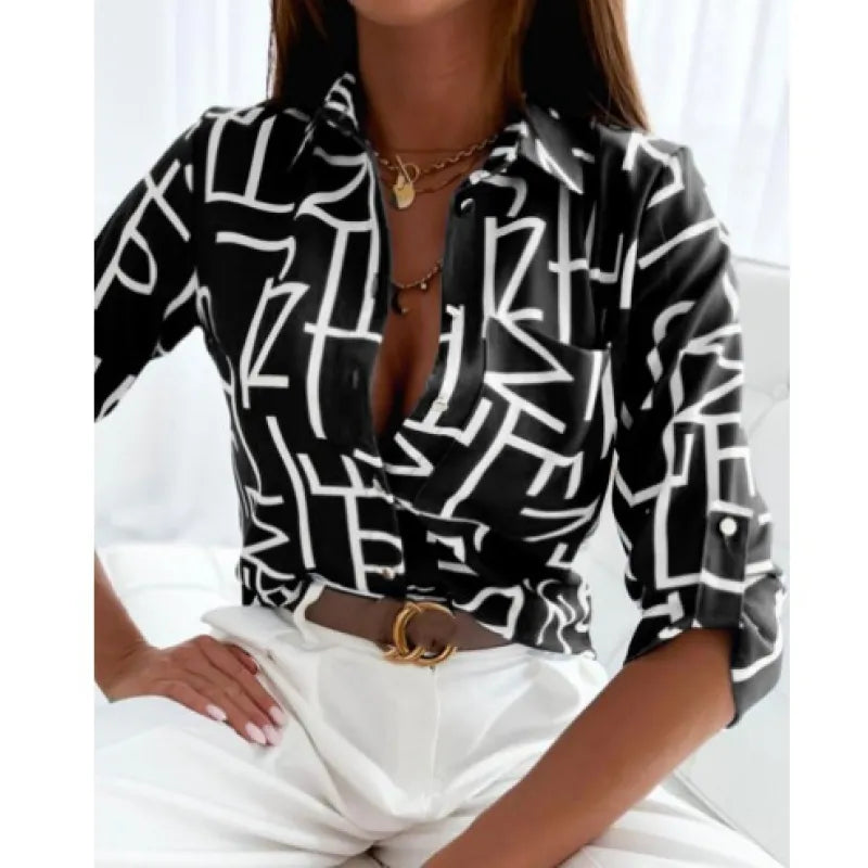 Women’s Printed Long-Sleeve Lapel Blouse Casual Button-Down Top
