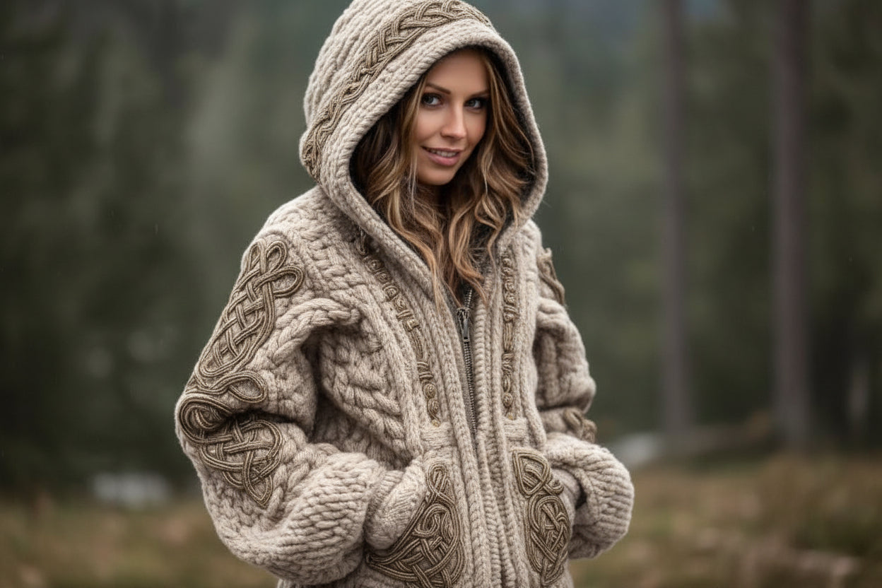 A woman wearing a beige hooded cable knit zip-up cardigan with decorative Celtic patterns in a forest setting.