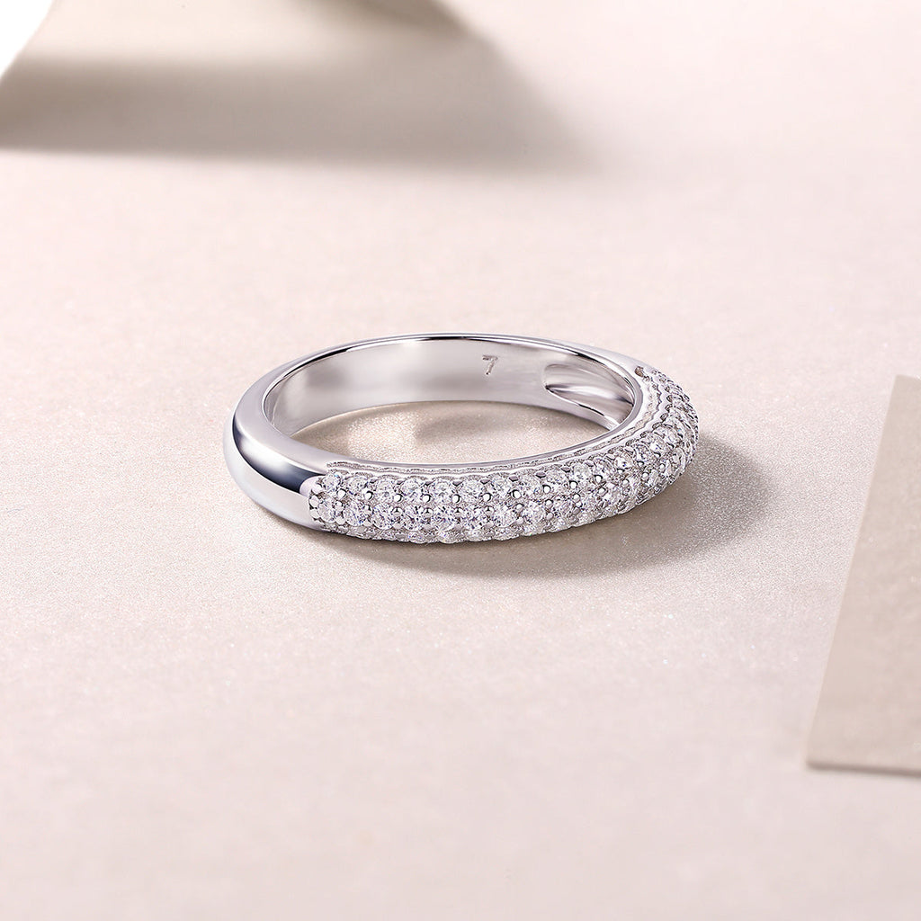 S925 Silver 3.3g Platinum Plated Moissanite Ring, 4.0mm 63pcs D VVS1 Micro Pave Band, GRA Certified US 5-9