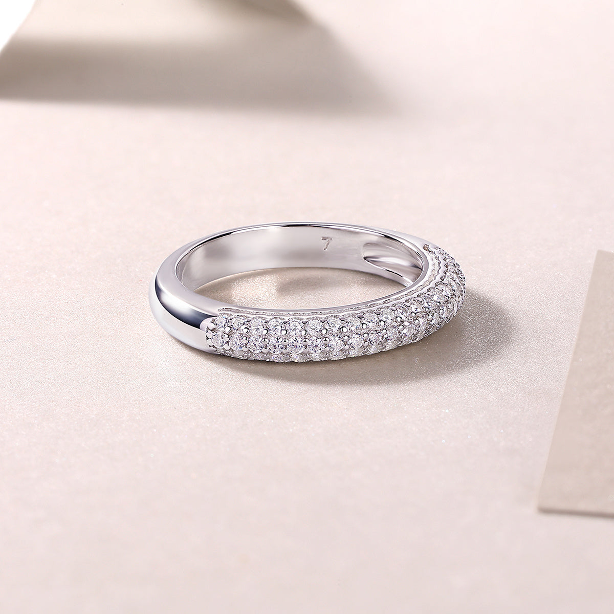 S925 Silver 3.3g Platinum Plated Moissanite Ring, 4.0mm 63pcs D VVS1 Micro Pave Band, GRA Certified US 5-9