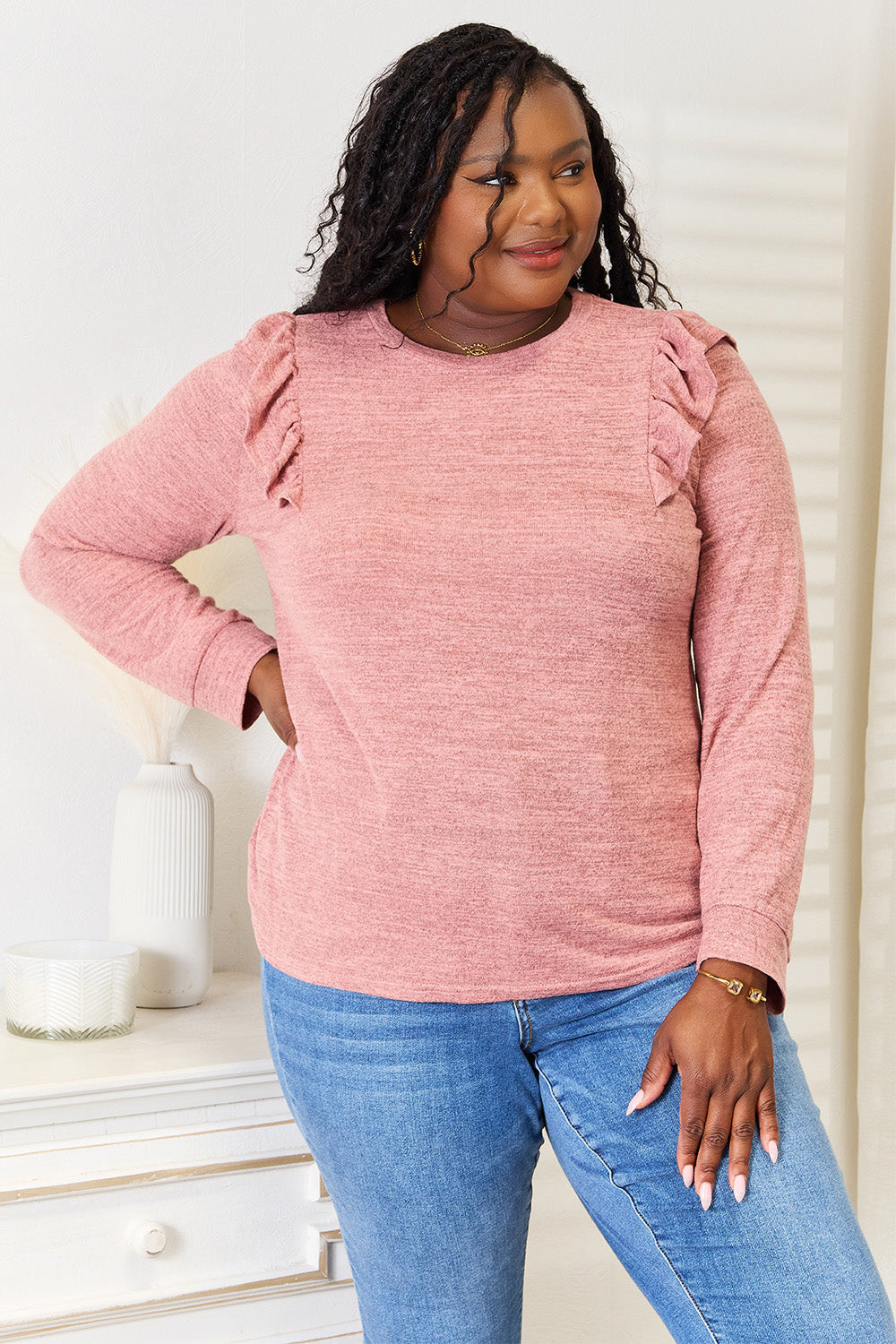 Ruffle Shoulder Long Sleeve T-Shirt | Stretchy Opaque Tee