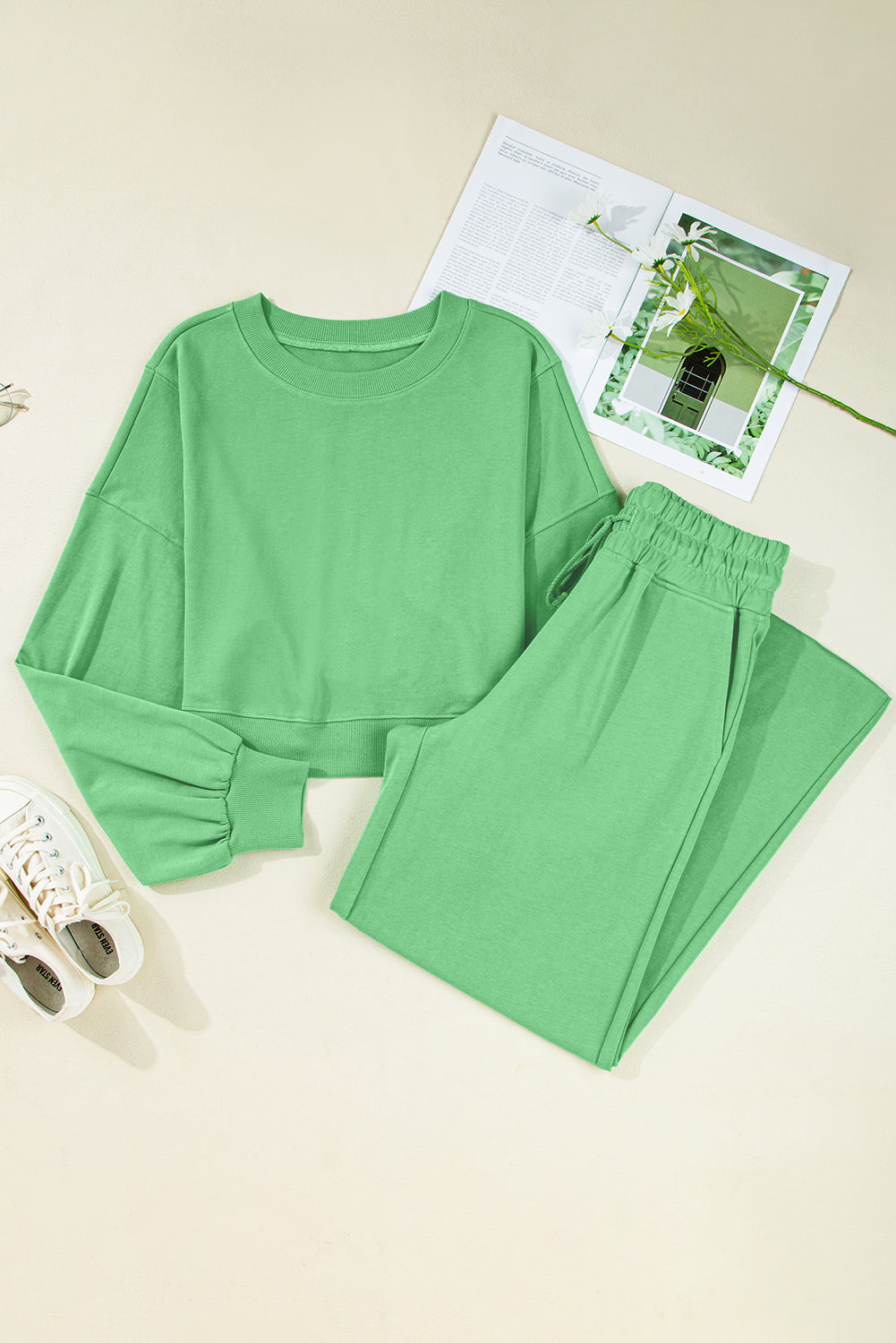 Yellow Cream Drop Shoulder Crop Pullover Wide Leg Pants Set