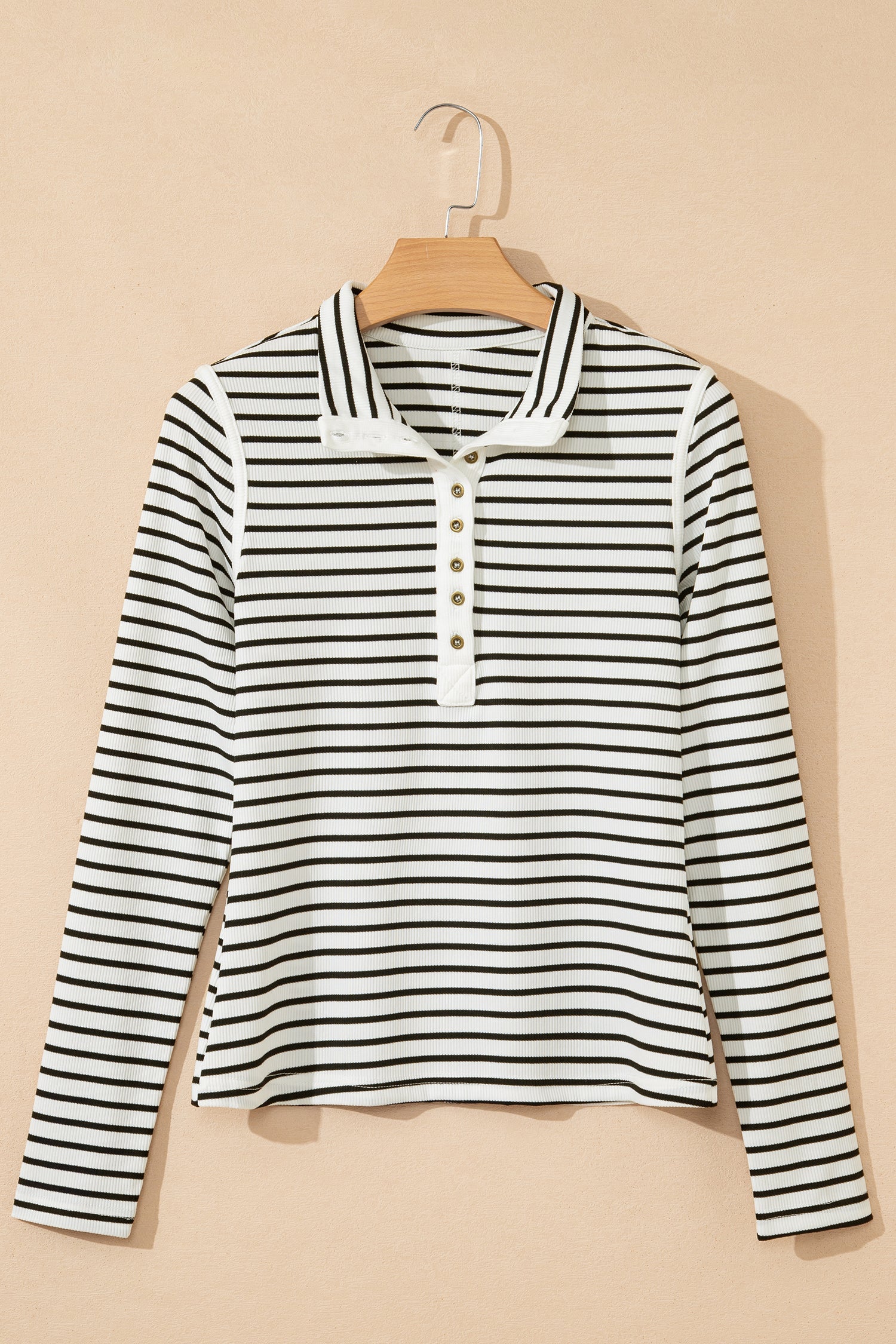 Women's Striped Ribbed Knit Long Sleeve Henley Top - Image 8