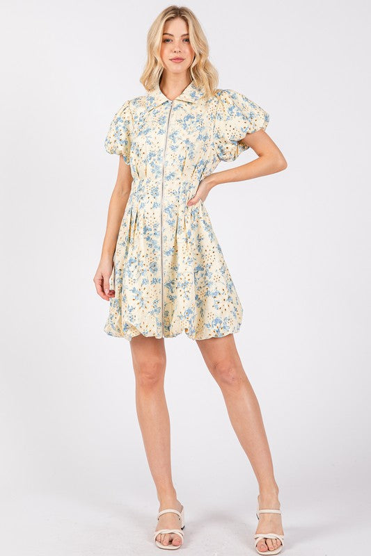 Floral Eyelet Zipper Front Puff Sleeve Mini Dress