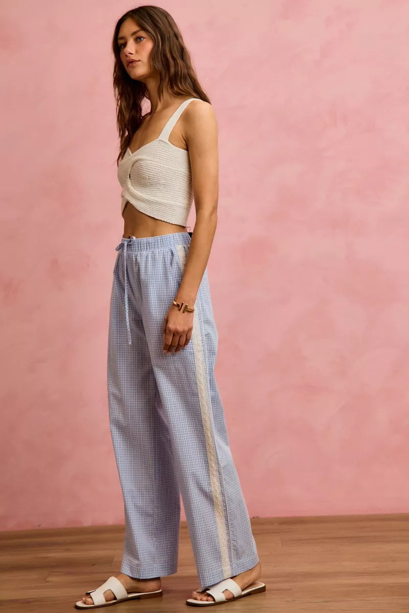Women's Wide Leg Check Pants with Lace Trim in Light Blue White