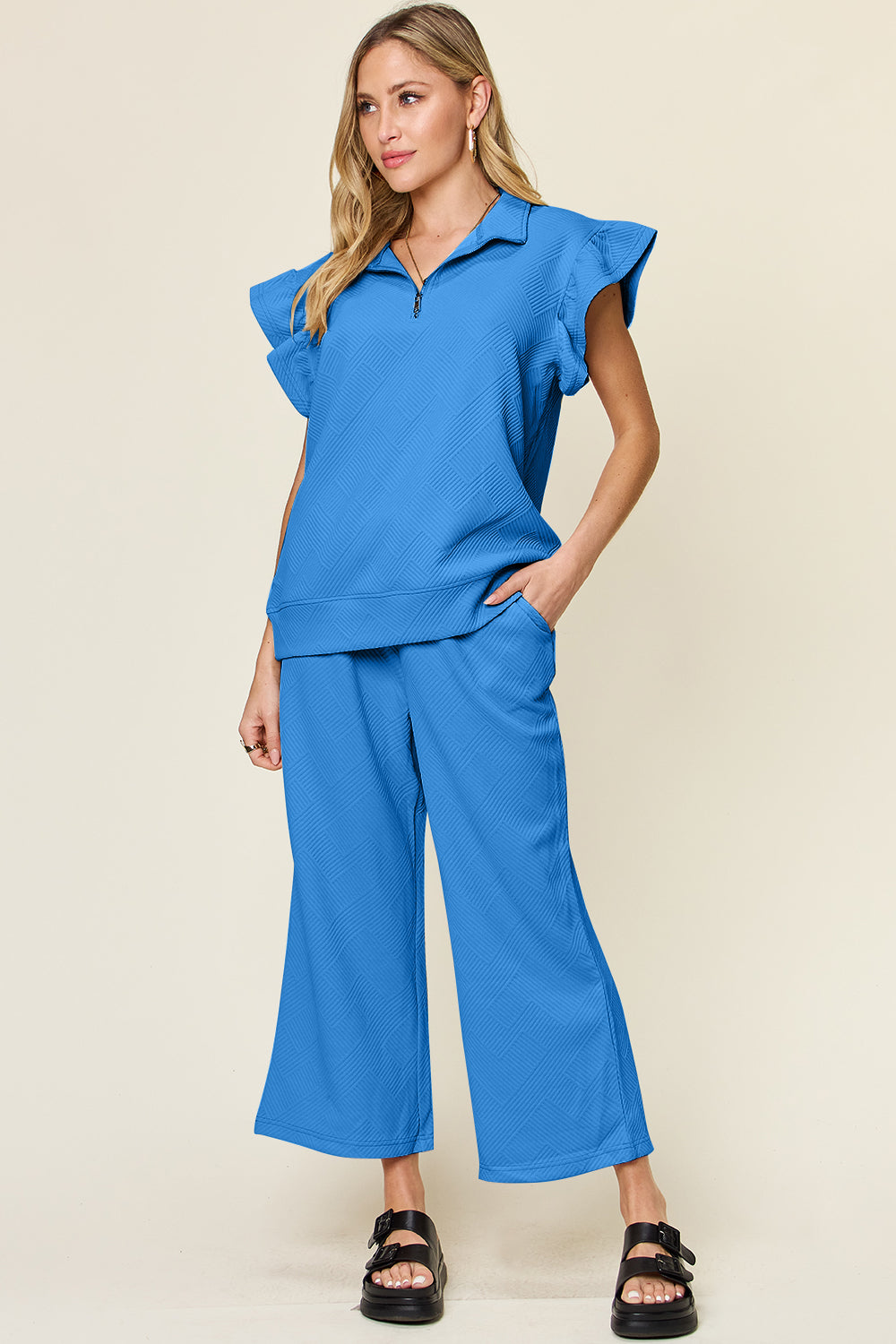 Textured Ruffle Top & Drawstring Wide Leg Pants Set