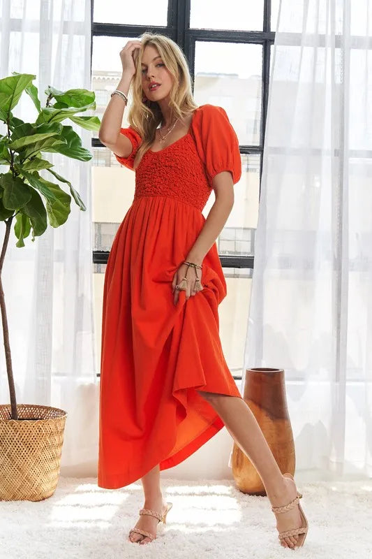 Popcorn Smocked Puff Sleeve Dress For Women – Textured, Elegant, Fluttering, Feminine, Stylish, Trendy For Special Occasions