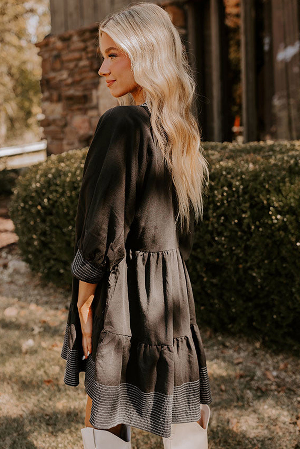 Jungle Green V Neck 3/4 Sleeve Swing Mini Dress