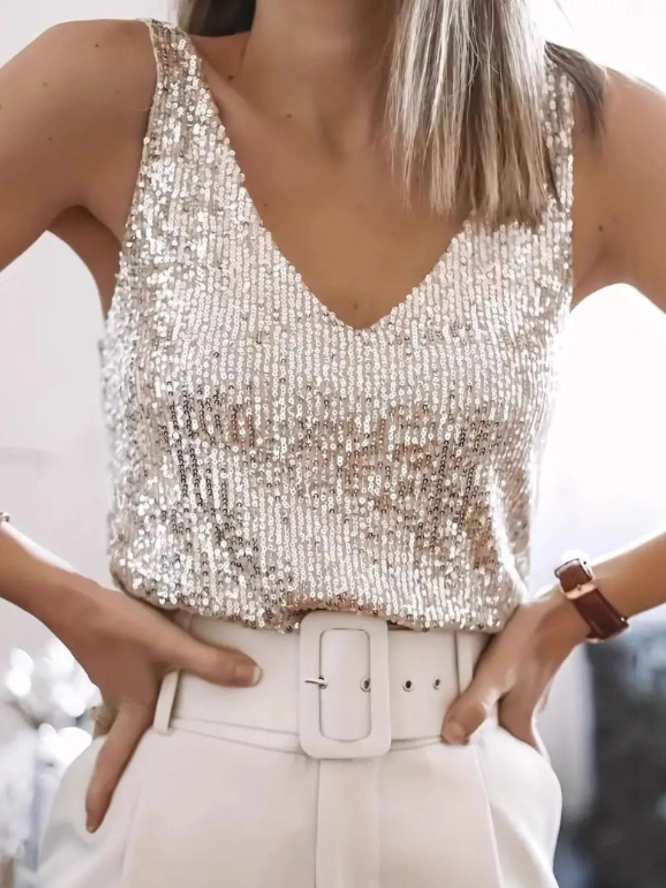 Women's Sequin V-Neck Tank Top Sleeveless Party Camisole