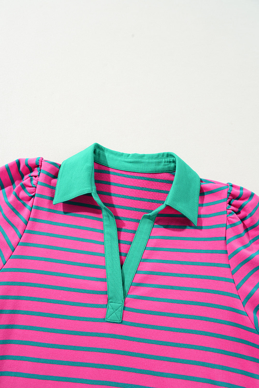 Stripe Collared V-Neck Puff Sleeve T-Shirt Dress