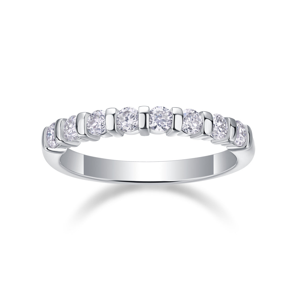 S925 Silver 2.1g Platinum Plated Moissanite Ring, 2.8mm 8pcs D VVS1 Half Eternity Band, GRA Certified US 5-9