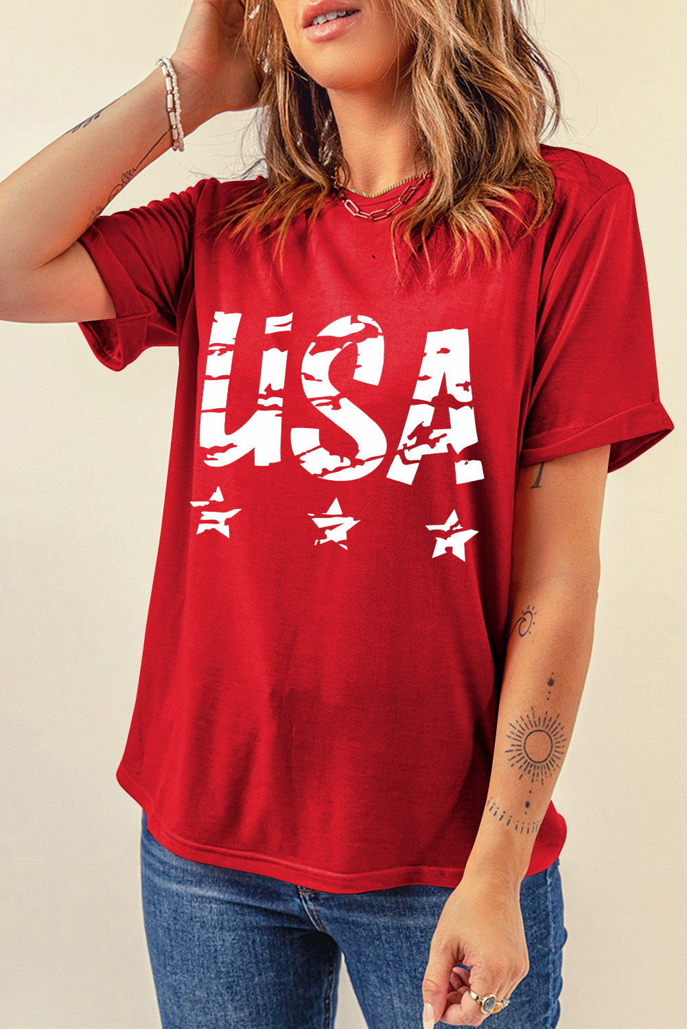 Women's Red USA Graphic Print Round Neck Short Sleeve T-Shirt - Image 2